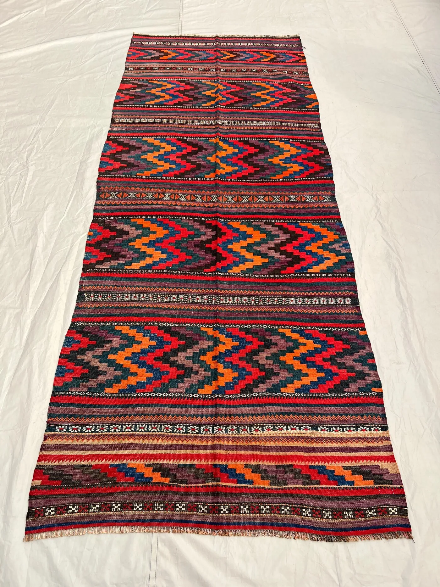 3'8x9 Vintage Afghan Kilim Handwoven Wool Flatweave Bold Chevron Zigzag Stripe Vivid Orange Purple Red Teal Multicolor Area Rug Living Room