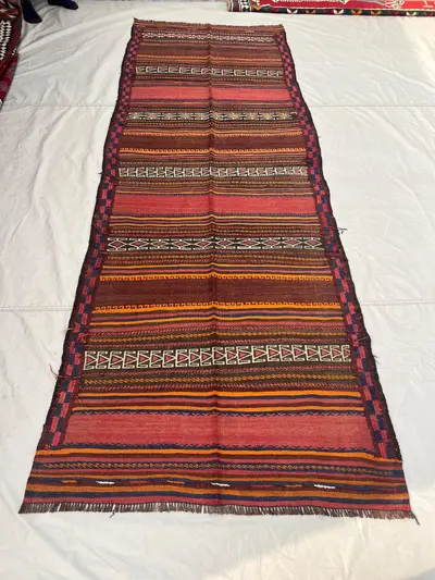 3'9x10'11 ft Vintage Afghan Kilim Runner | Handwoven Tribal Striped Arrow & Chevron | Burnt Orange, Rose Pink 