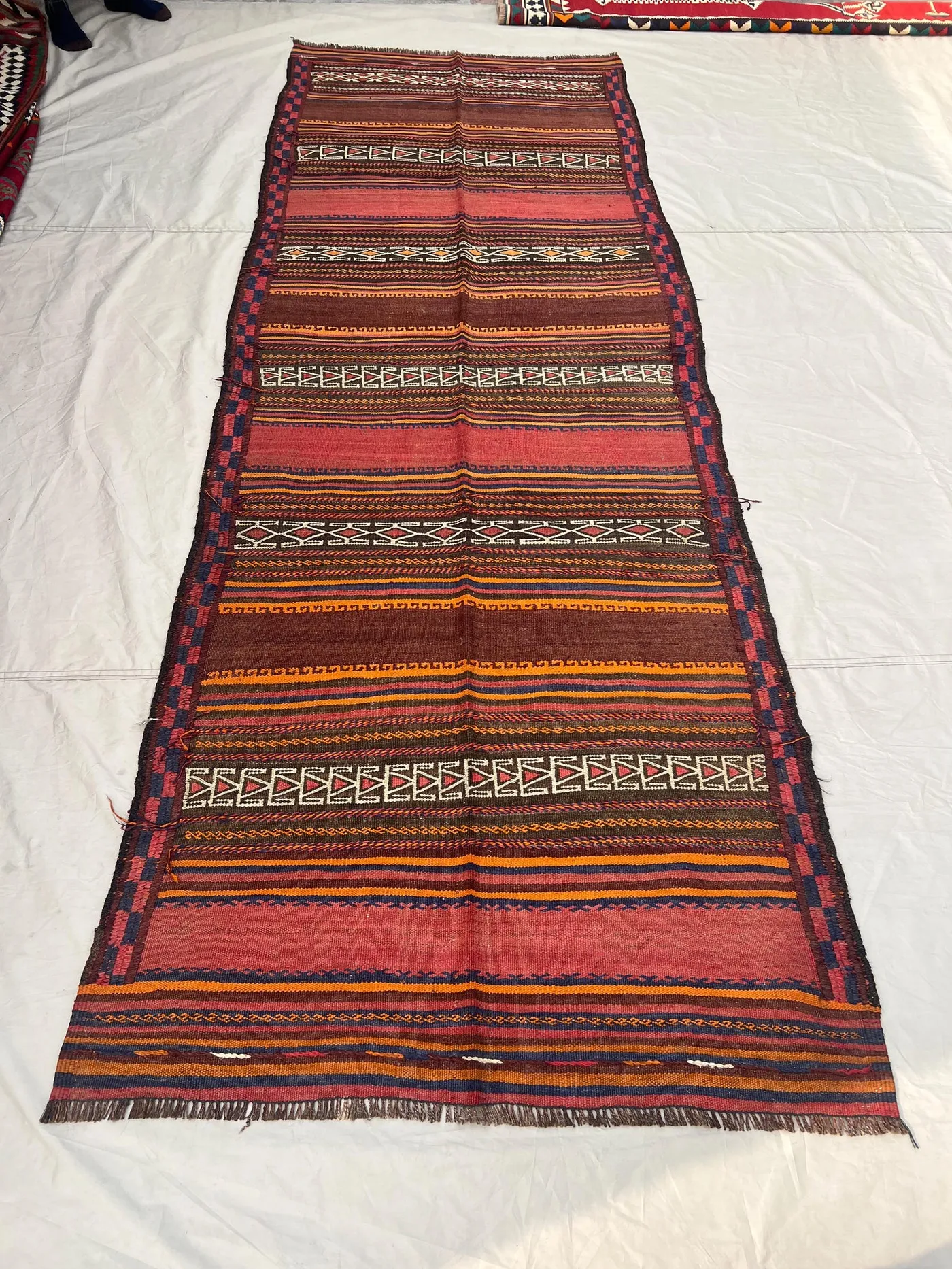 3'9x10'11 ft Vintage Afghan Kilim Runner | Handwoven Tribal Striped Arrow & Chevron | Burnt Orange, Rose Pink Flatweave | Hallway Runner