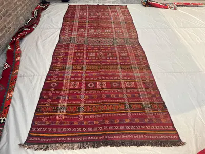 5'8x12'7 ft Antique Afghan Tribal Kilim | Three Panel Geometric Banded Flat Weave | Deep Red Orange Gold | Boh