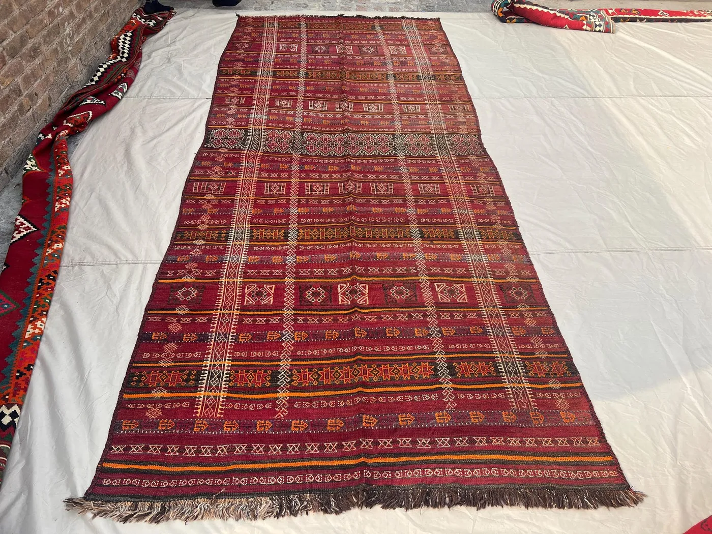 5'8x12'7 ft Antique Afghan Tribal Kilim | Three Panel Geometric Banded Flat Weave | Deep Red Orange Gold | Boho Large Area Kilim