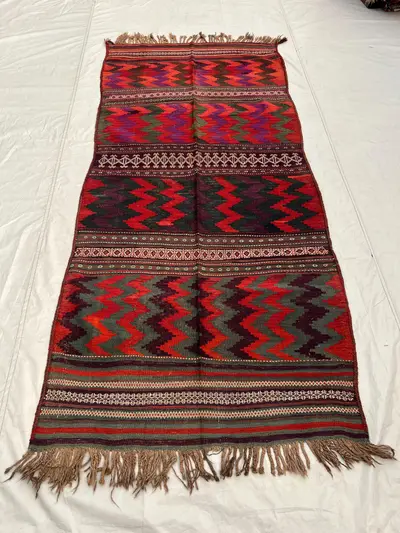 3'10x8'10 Antique Afghan Kilim Handwoven Wool Flatweave Bold Chevron Zigzag Deep Red Olive Purple Multicolor A