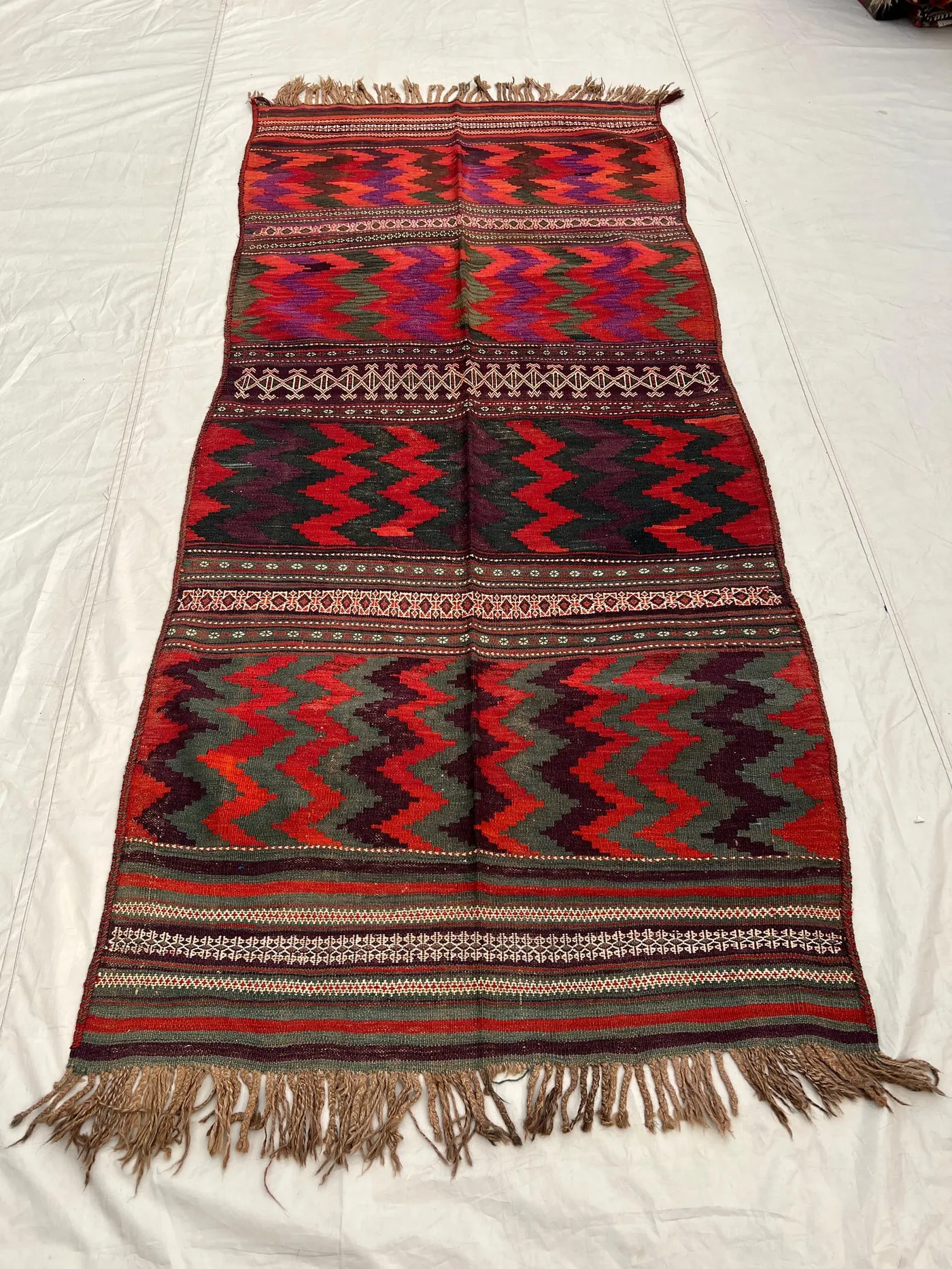 3'10x8'10 Antique Afghan Kilim Handwoven Wool Flatweave Bold Chevron Zigzag Deep Red Olive Purple Multicolor Area Rug | Living Room Bedroom