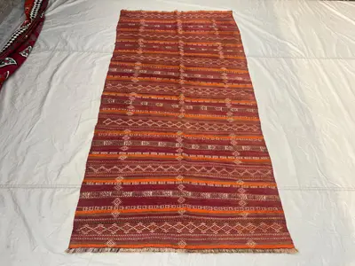 4'4x8'9 ft Vintage Afghan Kilim Rug | Handwoven Tribal Striped Diamond Geometric | Deep Burgundy & Fiery Orang