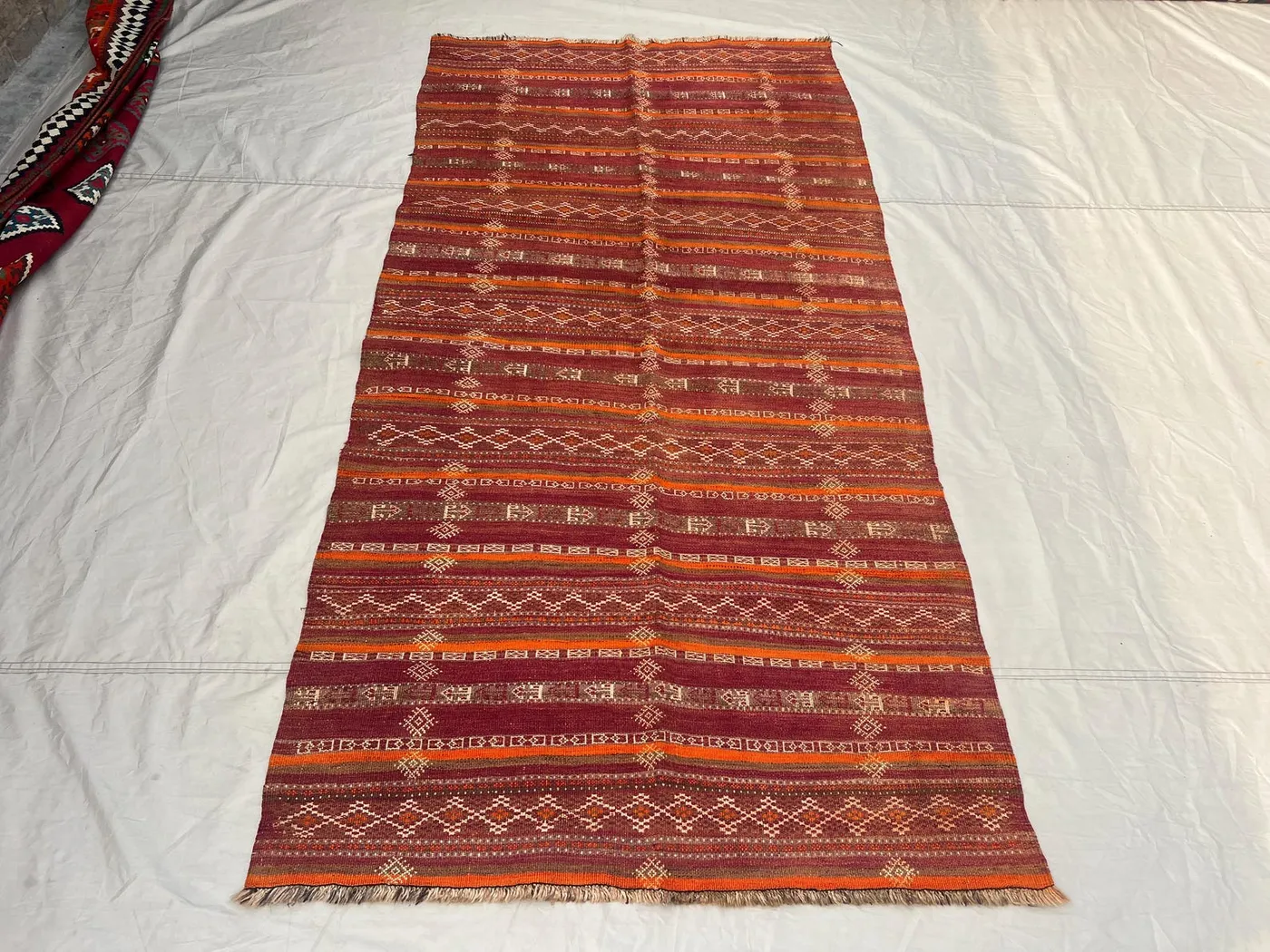 4'4x8'9 ft Vintage Afghan Kilim Rug | Handwoven Tribal Striped Diamond Geometric | Deep Burgundy & Fiery Orange Flatweave | Living Room