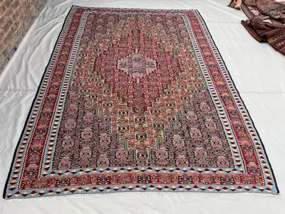 6'10x9'5 ft Vintage Afghan Kilim | Handwoven Tribal All-Over Boteh Medallion | Deep Rose Pink & Steel Blue Fla