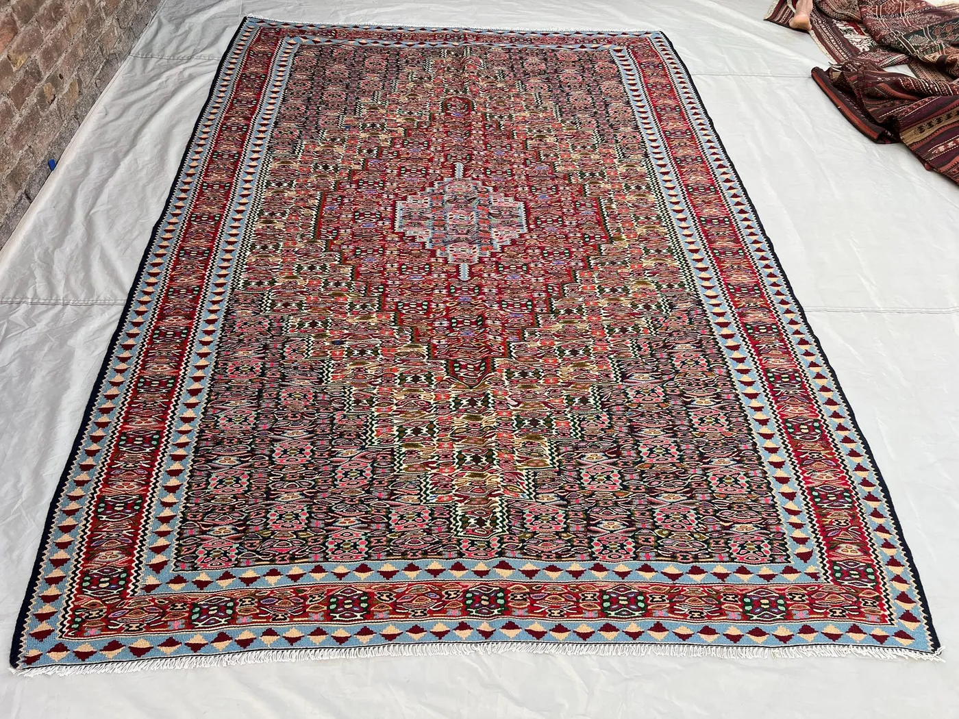 6'10x9'5 ft Vintage Afghan Kilim | Handwoven Tribal All-Over Boteh Medallion | Deep Rose Pink & Steel Blue Flatweave Living Room Dining Room
