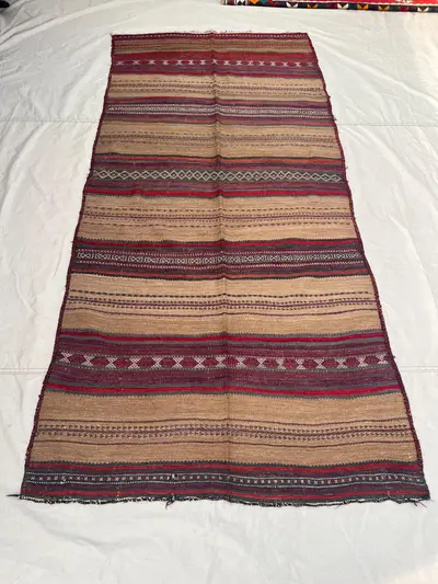 4'4x9'5 ft Vintage Afghan Kilim Rug | Handwoven Tribal Striped Geometric | Warm Camel & Crimson Red Flatweave 