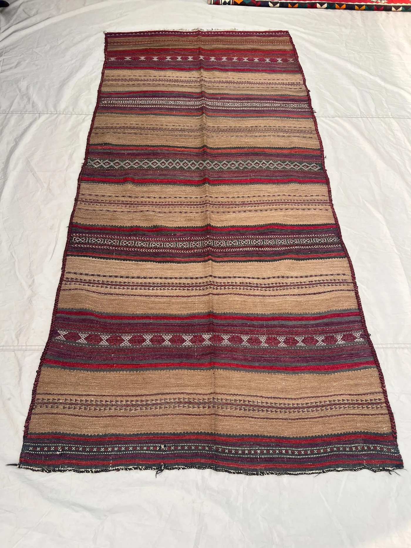4'4x9'5 ft Vintage Afghan Kilim Rug | Handwoven Tribal Striped Geometric | Warm Camel & Crimson Red Flatweave | Area Rug Living Room Hallway