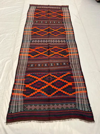 3'6x9'6 Antique Afghan Kilim Handwoven Wool Flatweave Bold Hooked Diamond Geometric Vivid Orange Navy Burgundy