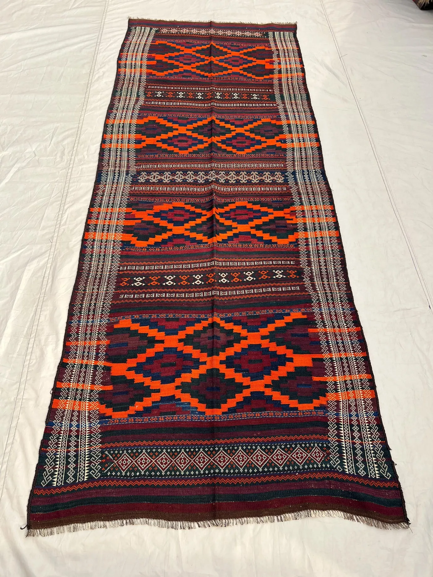 3'6x9'6 Antique Afghan Kilim Handwoven Wool Flatweave Bold Hooked Diamond Geometric Vivid Orange Navy Burgundy Runner | Hallway  Living Room