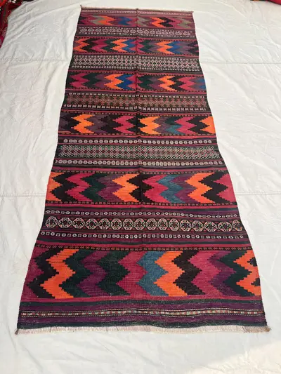 4x13'3 ft Vintage Afghan Tribal Kilim | Multicolor Chevron Zigzag Banded Flat Weave | Orange Purple Teal Green