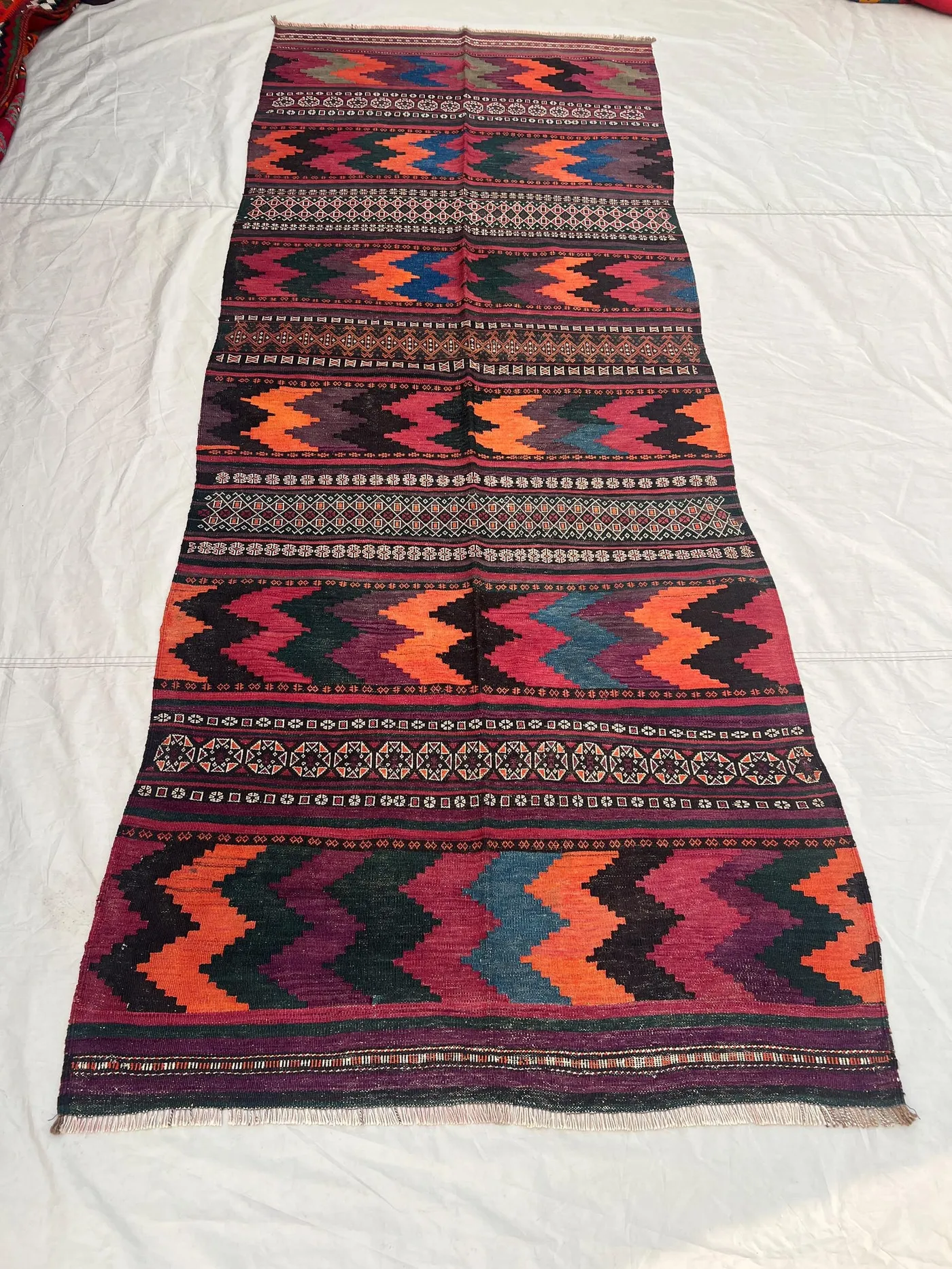 4x13'3 ft Vintage Afghan Tribal Kilim | Multicolor Chevron Zigzag Banded Flat Weave | Orange Purple Teal Green | Boho Hall Runner Kilim