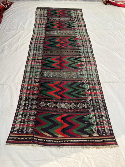 4x13'3 ft Vintage Afghan Tribal Kilim | Bold Chevron Zigzag Flat Weave Caucasian Style | Forest Green Red Blac