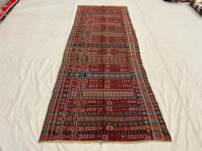 4x10 ft Antique Afghan Baluchi Kilim - Handwoven, Multi-Colored Tribal Design, Flatweave Wool Rug  Geomatric D