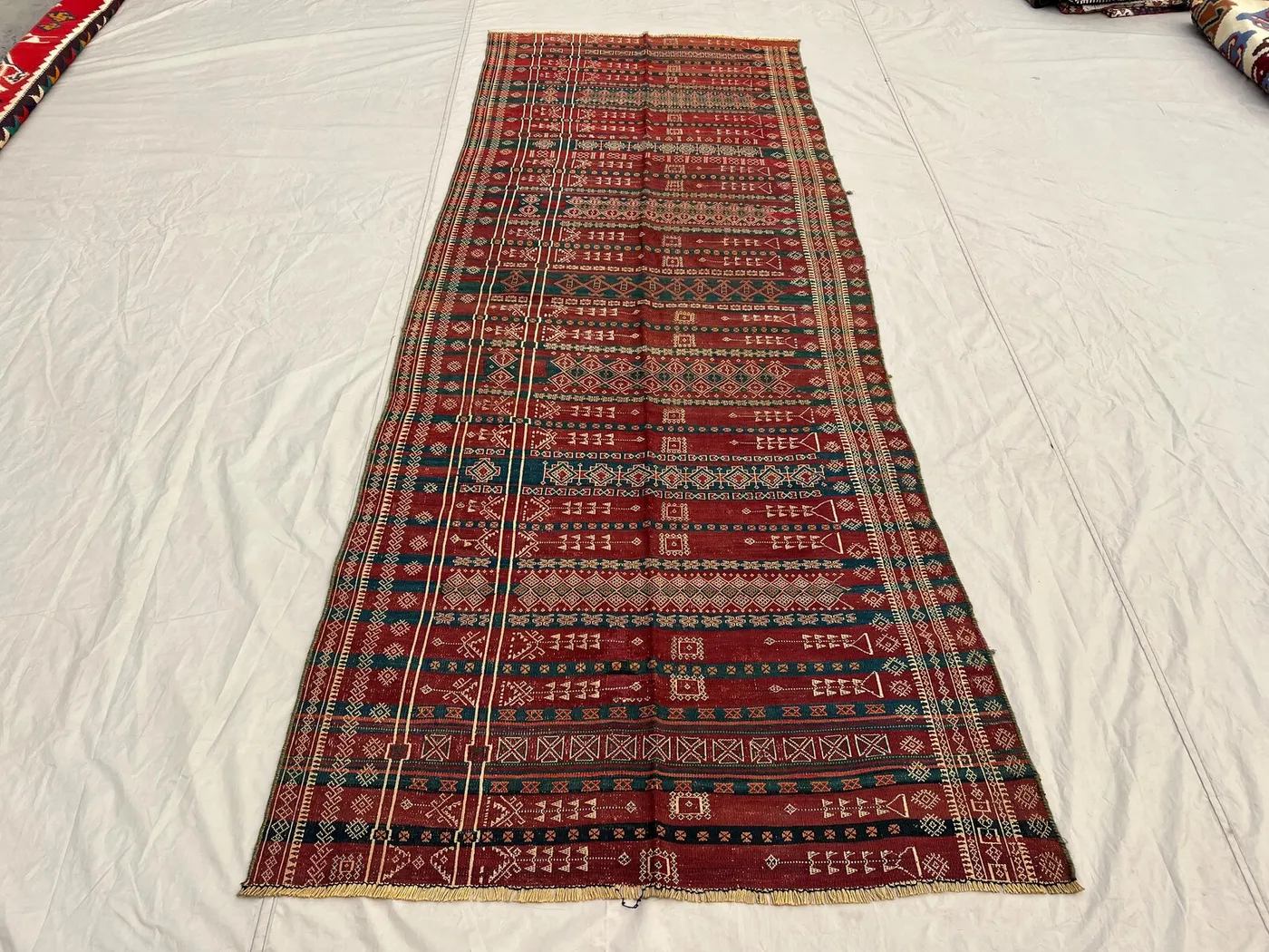4x10 ft Antique Afghan Baluchi Kilim - Handwoven, Multi-Colored Tribal Design, Flatweave Wool Rug Geomatric Design Living Room Entryway