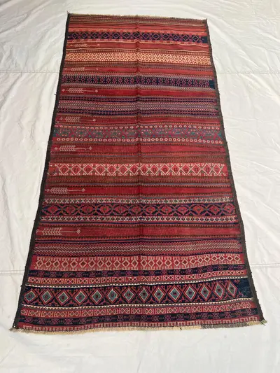 3'10x8 ft Vintage Afghan Baluchi Style Kilim | Multi Band Stripe Geometric Flat Weave | Deep Red Navy Teal | B