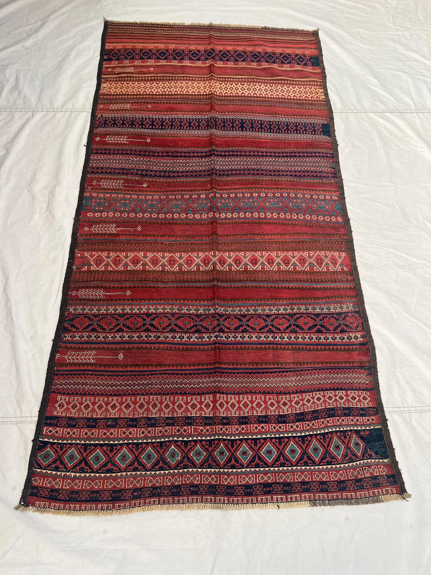 3'10x8 ft Vintage Afghan Baluchi Style Kilim | Multi Band Stripe Geometric Flat Weave | Deep Red Navy Teal | Boho Runner Kilim