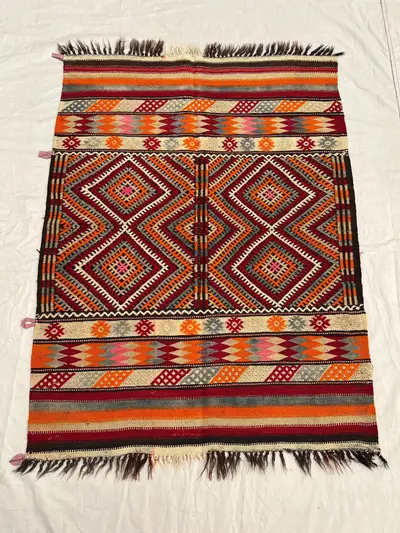 3'3x4'3 Vintage Afghan Handwoven Accent Kilim Flatweave - Bold Geometric Diamond Design, Multi-Color Accent Ru