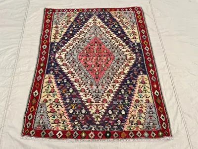 3'10x4'8 Ft Antique Handmade Afghan Flatweave Kilim Rug – Bold Red, Black & Multicolor Geometric Patterns, Woo