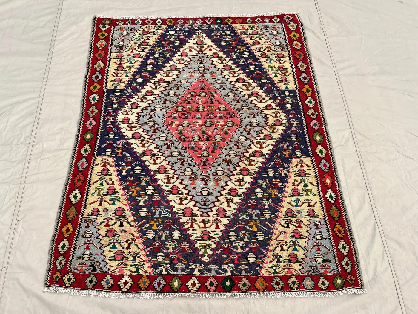 3'10x4'8 Ft Antique Handmade Afghan Flatweave Kilim Rug – Bold Red, Black & Multicolor Geometric Patterns, Wool,  Traditional Accent Piece