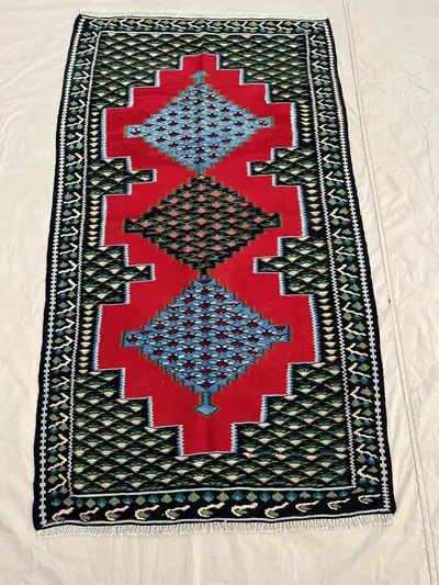 3'2x5'7 Ft Vintage Afghan Kilim Flatweave | Red Sky Blue Green Triple Medallion | Handwoven Wool Tribal Rug fo