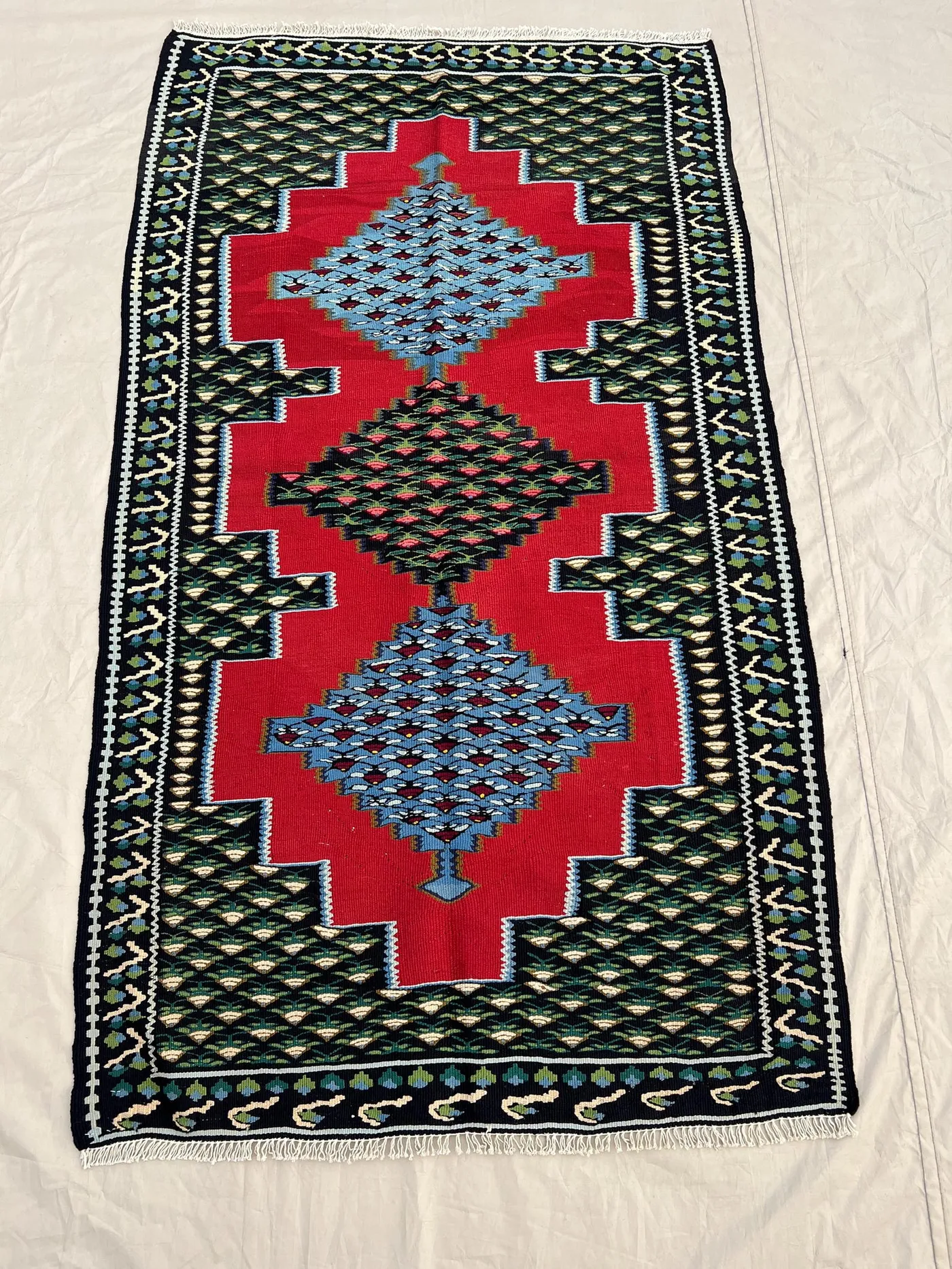3'2x5'7 Ft Vintage Afghan Kilim Flatweave | Red Sky Blue Green Triple Medallion | Handwoven Wool Tribal Rug for Living Room Bedroom Entryway
