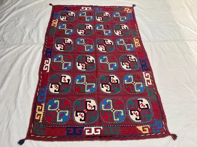 4'5x6'11 ft Vintage Afghan Kilim Rug | Handwoven Tribal Grid Medallion | Crimson Red & Multicolor Flatweave | 