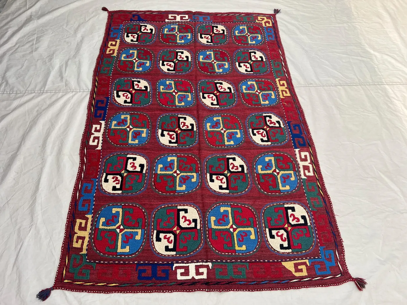 4'5x6'11 ft Vintage Afghan Kilim Rug | Handwoven Tribal Grid Medallion | Crimson Red & Multicolor Flatweave | Accent Rug Wall Hanging Decor