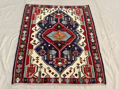 4'2x4'9 Vintage Afghan Kilim Flatweave | Ivory Navy Red Central Medallion | Handwoven Wool Tribal Rug for Livi