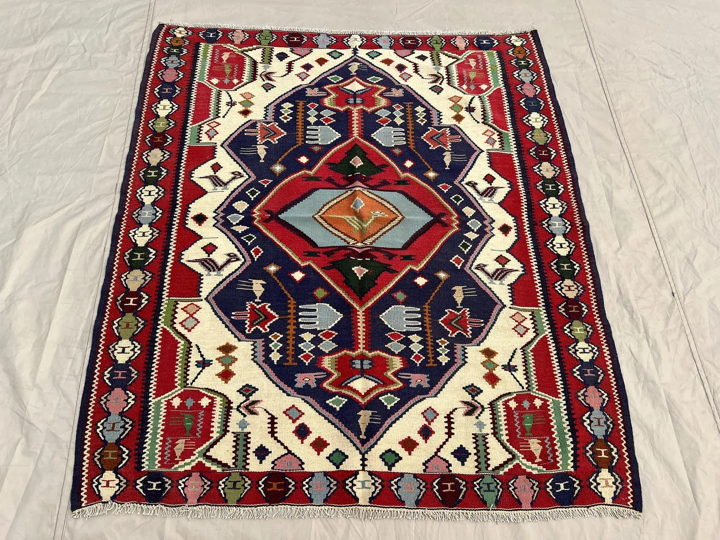 4'2x4'9 Vintage Afghan Kilim Flatweave | Ivory Navy Red Central Medallion | Handwoven Wool Tribal Rug for Living Room Bedroom Entryway