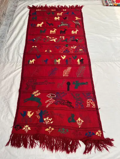 3'3x7'2 Vintage Afghan Pictorial Embroidered Textile | Hand Embroidered Wool Wall Hanging | Deep Red Multicolo