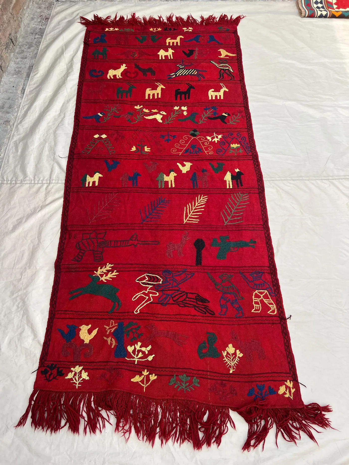 3'3x7'2 Vintage Afghan Pictorial Embroidered Textile | Hand Embroidered Wool Wall Hanging | Deep Red Multicolor Animal Folk Art Narrative