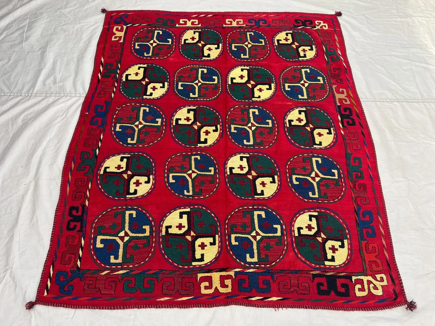 4'11x5'8 Ft Vintage Afghan Kilim Rug Red Tribal Circle Medallion Hook Flatweave Handwoven Wool Area Rug | Living Room Bedroom Wall Decor
