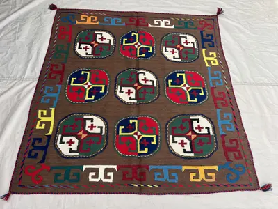 4'11x5'2 Ft Vintage Afghan Kilim Rug Brown Tribal Geometric Hook Medallion Flatweave Handwoven Wool Area Rug L
