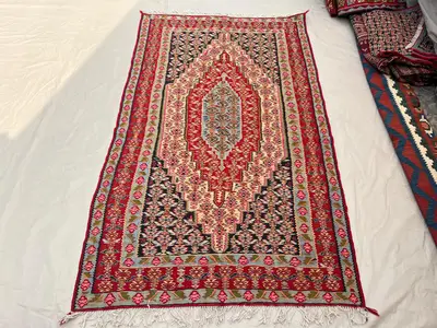 3'10x6'6 Vintage Afghan Flat Woven Wool Kilim Red Navy Ivory Floral Diamond Medallion Dense Folk Motif Boho Li