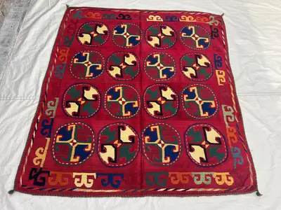 4'7x5'1 Ft Vintage Afghan Kilim Rug Red Tribal Circle Medallion Flatweave Handwoven Wool Area Rug | Living Roo