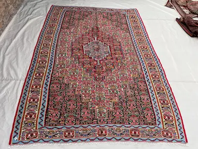 6x8'7 ft Vintage Afghan Kilim Rug | Handwoven Tribal Boteh Medallion | Rose Pink & Steel Blue Flatweave | Area