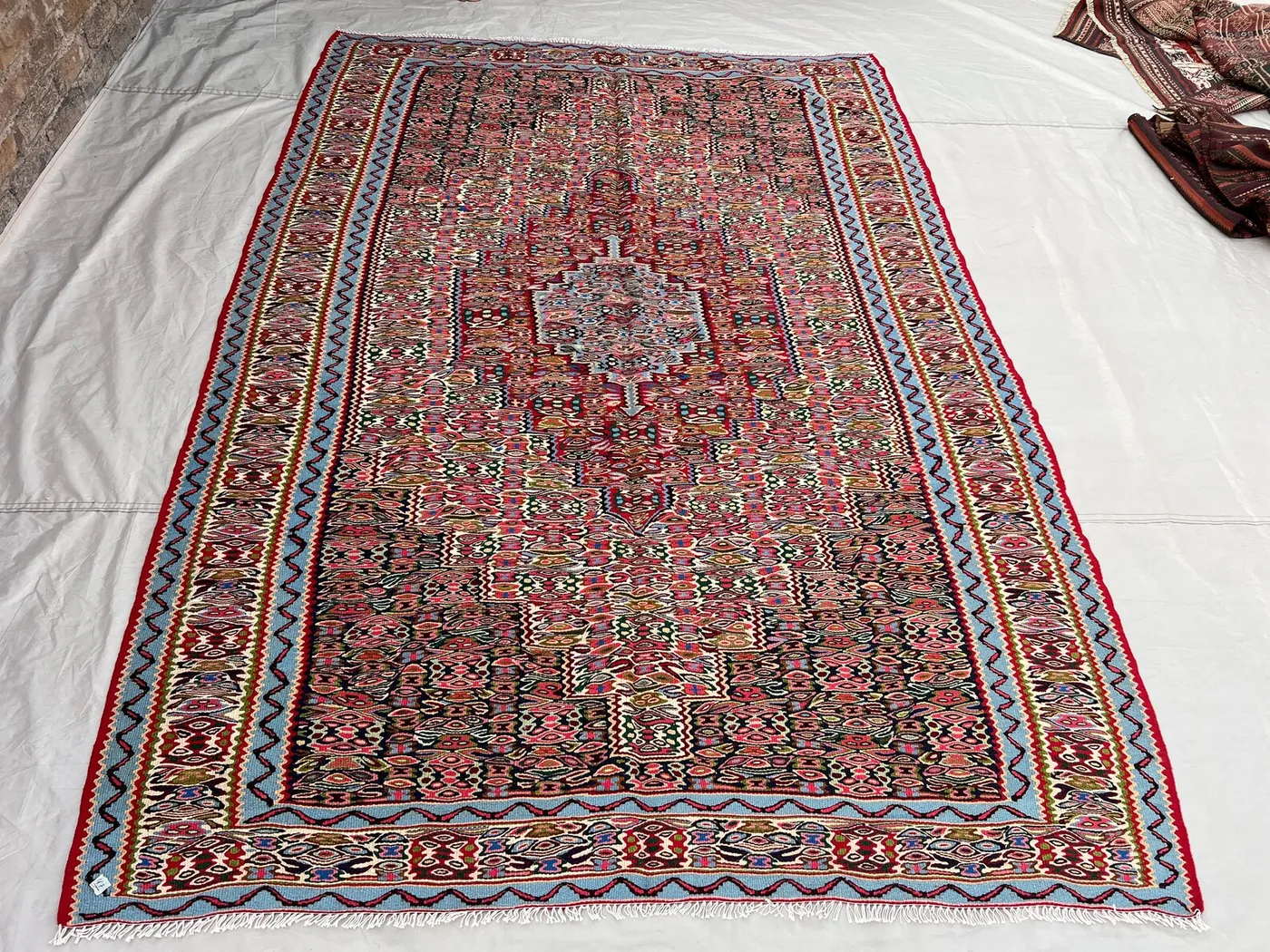 6x8'7 ft Vintage Afghan Kilim Rug | Handwoven Tribal Boteh Medallion | Rose Pink & Steel Blue Flatweave | Area Rug Living Room Dining Room