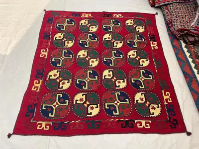 4'11x5'1 Vintage Central Asian Flat Woven Wool Kilim Bold Red All Over Rounded Square Grid Pinwheel Medallion 