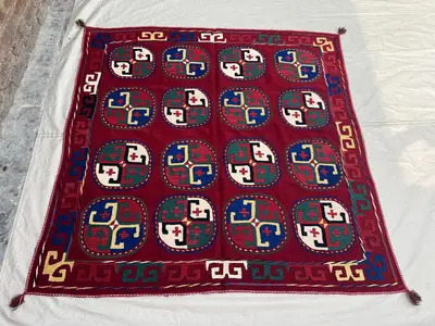 4'11x5'1 Vintage Afghan Suzani | Hand Embroidered Wool Textile | Deep Red Multicolor Medallion Suzani Wall Han