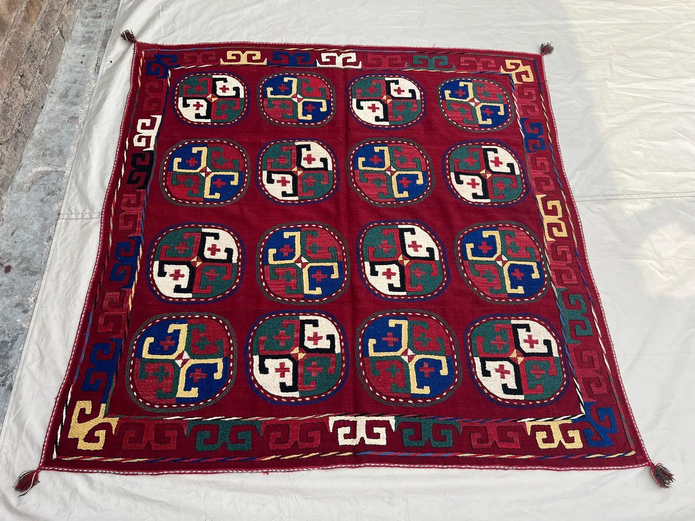 4'11x5'1 Vintage Afghan Suzani | Hand Embroidered Wool Textile | Deep Red Multicolor Medallion Suzani Wall Hanging | Bohemian Wall Decor