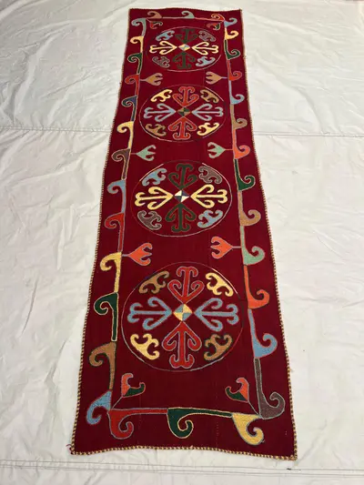 2'5x8'4 Ft Vintage Afghan Suzani Flatweave Embroidered Runner Deep Red Floral Sun Medallion Handmade Wool Hall