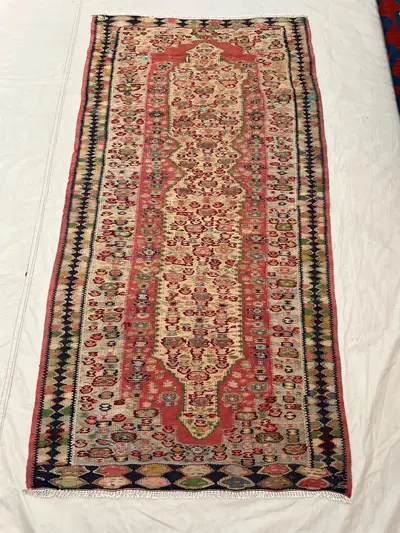 2'11x5'10 Antique Afghan Senneh Kilim Flatweave | Rose Red Ivory Elongated Diamond Medallion Handwoven Wool Ru