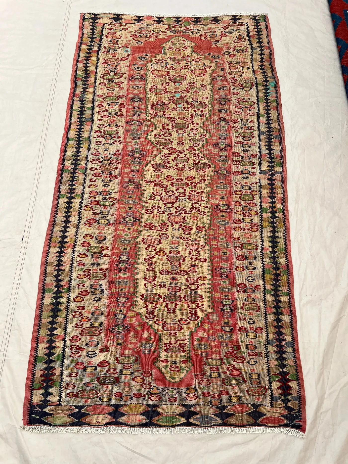 2'11x5'10 Antique Afghan Senneh Kilim Flatweave | Rose Red Ivory Elongated Diamond Medallion Handwoven Wool Rug Living Room Bedroom Entryway