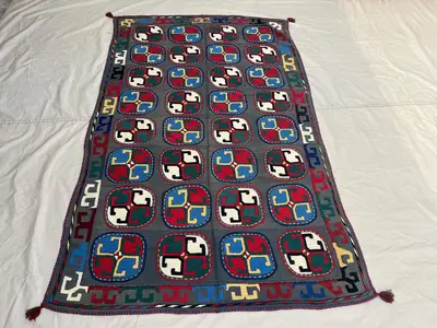 4'6x7'1 Ft Vintage Afghan Kilim Rug Gray Tribal Geometric Hook Medallion Flatweave Handwoven Wool Area Rug | L