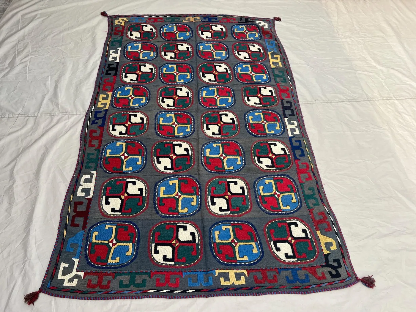 4'6x7'1 Ft Vintage Afghan Kilim Rug Gray Tribal Geometric Hook Medallion Flatweave Handwoven Wool Area Rug | Living Room Bedroom Wall Decor
