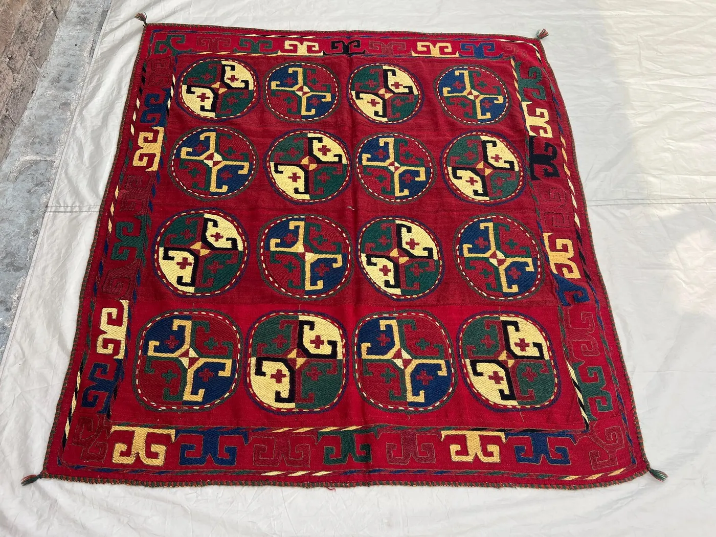 4'7x5 Vintage Afghan Suzani | Hand Embroidered Wool Textile | Deep Red Multicolor Circle Medallion Suzani Wall Hanging | Bohemian Wall Decor