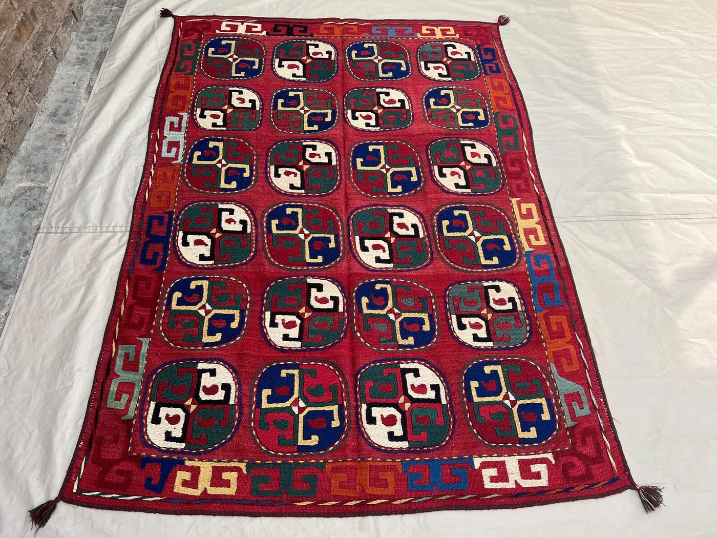 4'6x6'2 Ft Vintage Afghan Kilim Rug Red Geometric Tribal Flatweave Handwoven Wool Area Rug | Living Room Bedroom Boho Decor