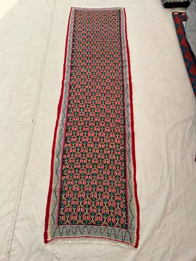 1'11x7'6 Ft Vintage Afghan Senneh Kilim Runner Flatweave | Black Pink All-Over Boteh | Handwoven Wool Rug for 